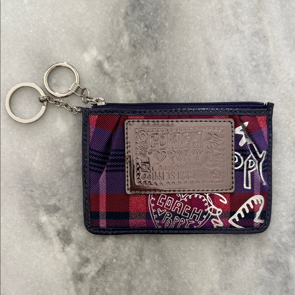 Coach Poppy Red and Blue Plaid Coin Pouch